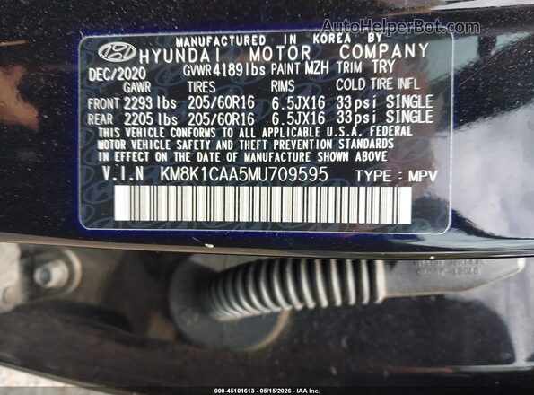 KM8K1CAA5MU709595 2021 HYUNDAI KONA Черный Вид подкапотного пространства