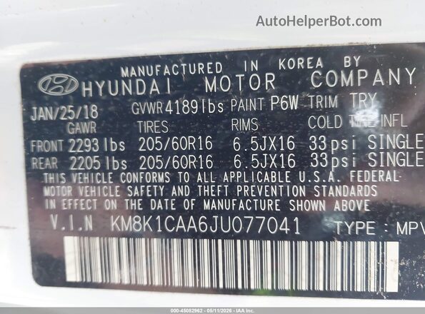 KM8K1CAA6JU077041 2018 HYUNDAI KONA White ძრავის განყოფილების ხედი