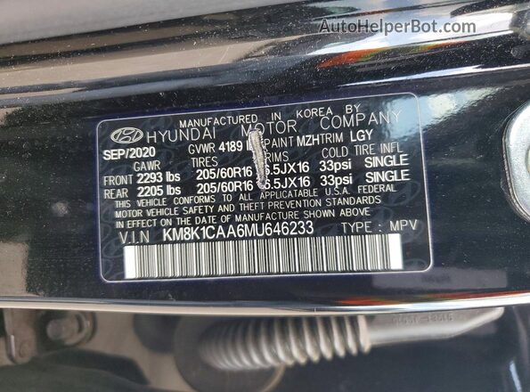 KM8K1CAA6MU646233 2021 HYUNDAI KONA Black 