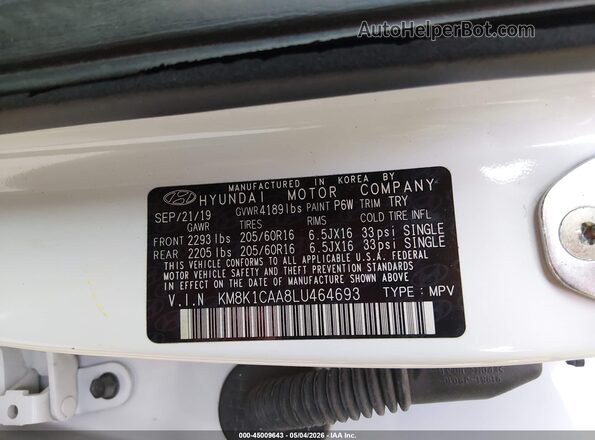 KM8K1CAA8LU464693 2020 HYUNDAI KONA White Շարժիչի բաժամունքի տեսք