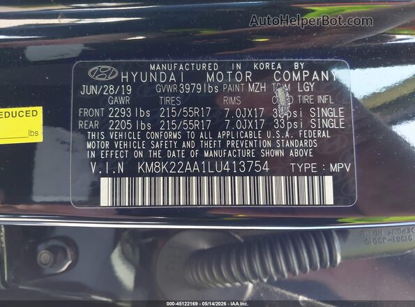 KM8K22AA1LU413754 2020 HYUNDAI KONA Black ძრავის განყოფილების ხედი