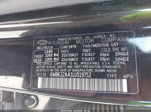 KM8K22AA1LU519752 2020 HYUNDAI KONA Черный Вид подкапотного пространства