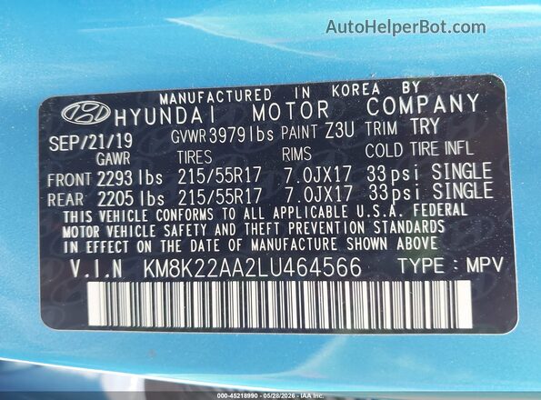 KM8K22AA2LU464566 2020 HYUNDAI KONA Blue 