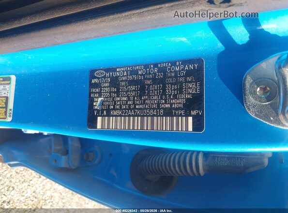 KM8K22AA7KU358418 2019 HYUNDAI KONA Blue Շարժիչի բաժամունքի տեսք