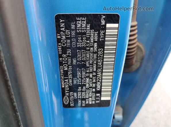 KM8K22AA9LU481283 2020 HYUNDAI KONA Blue VIN կոդի պիտակի տեսք