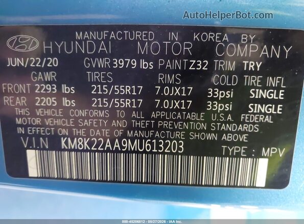 KM8K22AA9MU613203 2021 HYUNDAI KONA Blue Շարժիչի բաժամունքի տեսք