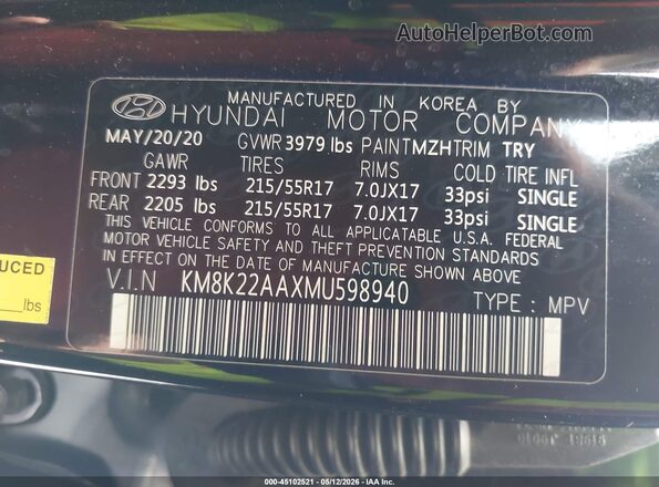 KM8K22AAXMU598940 2021 HYUNDAI KONA Черный Вид подкапотного пространства
