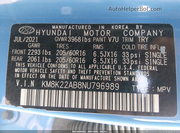 KM8K22AB8NU796989 2022 HYUNDAI KONA Light Blue Вид подкапотного пространства