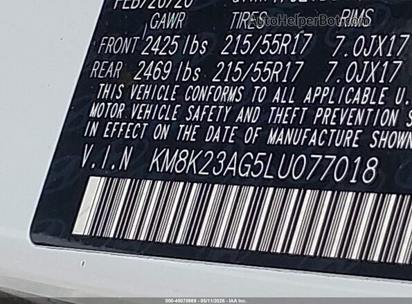 KM8K23AG5LU077018 2020 HYUNDAI KONA ELECTRIC White Շարժիչի բաժամունքի տեսք
