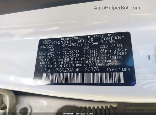 KM8K23AG5PU190876 2023 HYUNDAI KONA ELECTRIC White Вид підкапотного простору