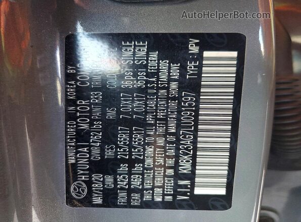 KM8K23AG7LU091597 2020 HYUNDAI KONA Gray 