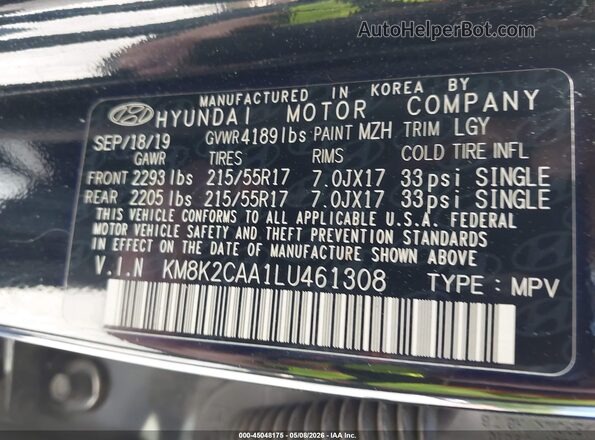 KM8K2CAA1LU461308 2020 HYUNDAI KONA Black Շարժիչի բաժամունքի տեսք