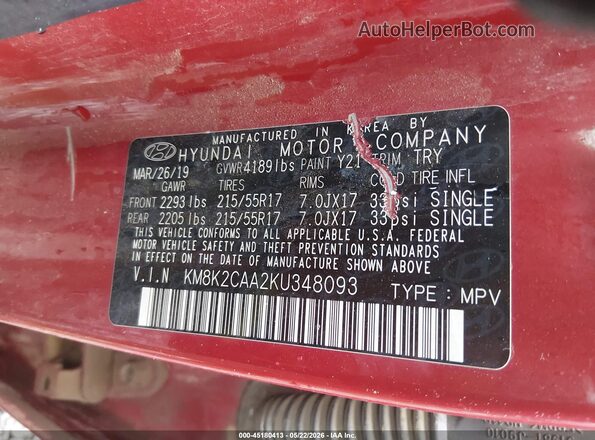 KM8K2CAA2KU348093 2019 HYUNDAI KONA Red Widok komory silnika