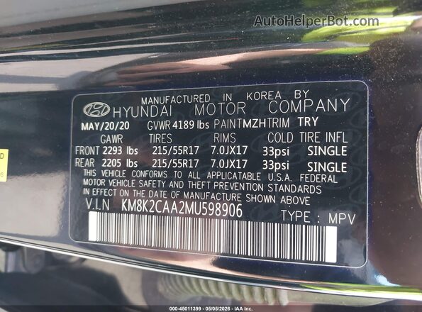 KM8K2CAA2MU598906 2021 HYUNDAI KONA Black Vista del compartimento del motor