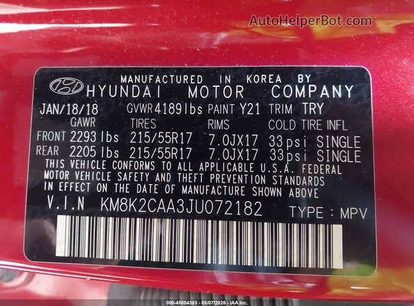 KM8K2CAA3JU072182 2018 HYUNDAI KONA Красный Вид подкапотного пространства