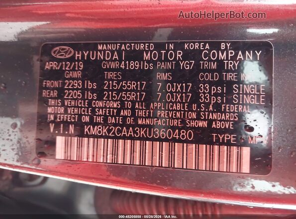 KM8K2CAA3KU360480 2019 HYUNDAI KONA Gray Շարժիչի բաժամունքի տեսք