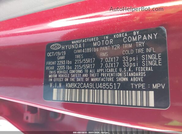 KM8K2CAA9LU485517 2020 HYUNDAI KONA Red 