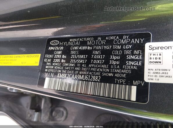 KM8K2CAA9MU612882 2021 HYUNDAI KONA Gray 