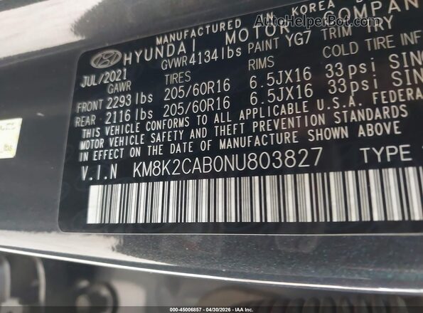 KM8K2CAB0NU803827 2022 HYUNDAI KONA Gray Engine compartment view
