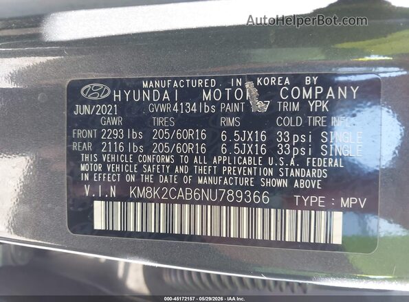 KM8K2CAB6NU789366 2022 HYUNDAI KONA Gray Engine compartment view