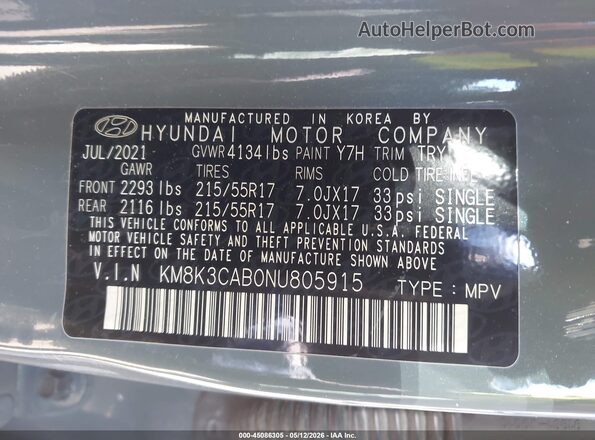 KM8K3CAB0NU805915 2022 HYUNDAI KONA Gray Вид підкапотного простору
