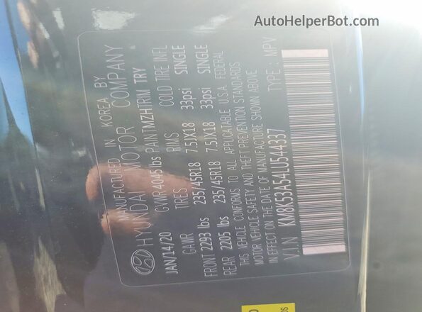 KM8K53A54LU544337 2020 HYUNDAI KONA Black VIN կոդի պիտակի տեսք