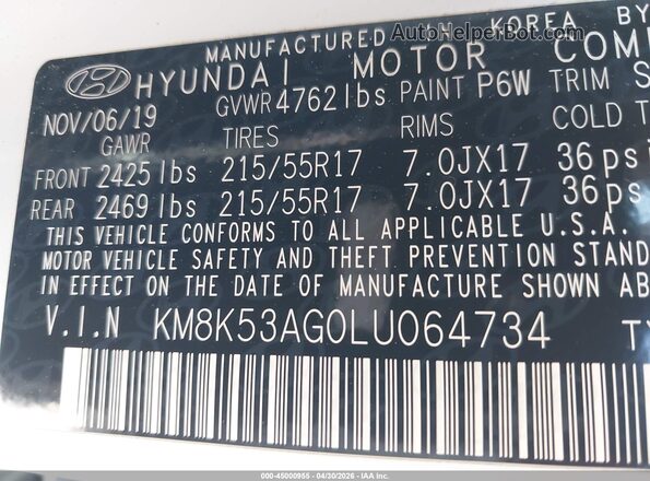 KM8K53AG0LU064734 2020 HYUNDAI KONA ELECTRIC Белый Вид подкапотного пространства