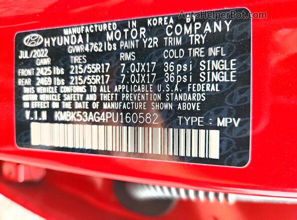 KM8K53AG4PU160582 2023 HYUNDAI KONA Red Вид наклейки з VIN-кодом