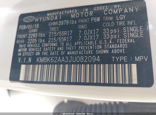 KM8K62AA3JU082094 2018 HYUNDAI KONA White 