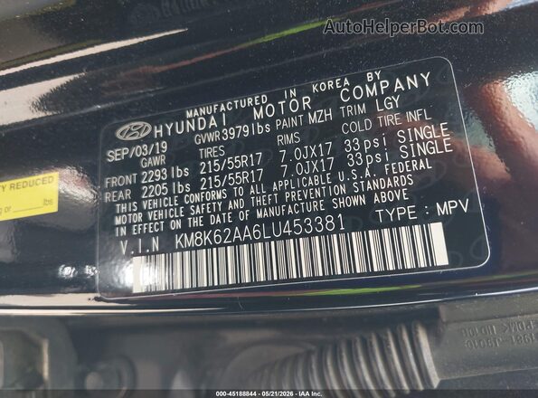 KM8K62AA6LU453381 2020 HYUNDAI KONA Black ძრავის განყოფილების ხედი