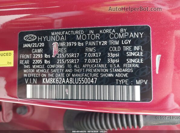 KM8K62AA8LU550047 2020 HYUNDAI KONA Red Vista del compartimento del motor