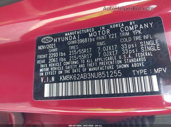 KM8K62AB3NU851255 2022 HYUNDAI KONA Red Vista del compartimento del motor
