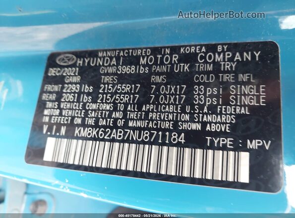 KM8K62AB7NU871184 2022 HYUNDAI KONA Синий Вид подкапотного пространства