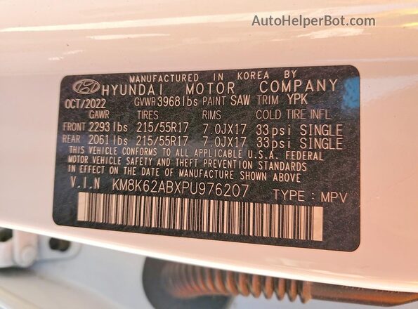 KM8K62ABXPU976207 2023 HYUNDAI KONA White Widok naklejki z numerem VIN