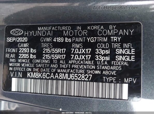 KM8K6CAA8MU652827 2021 HYUNDAI KONA Gray Շարժիչի բաժամունքի տեսք