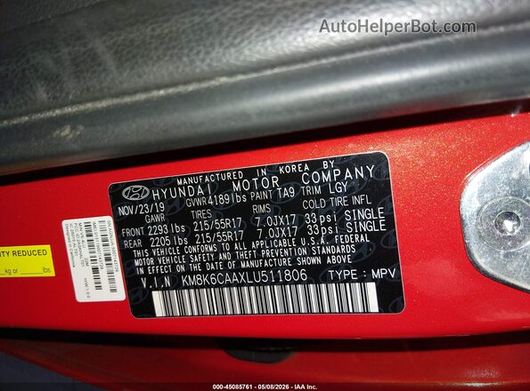 KM8K6CAAXLU511806 2020 HYUNDAI KONA Red ძრავის განყოფილების ხედი