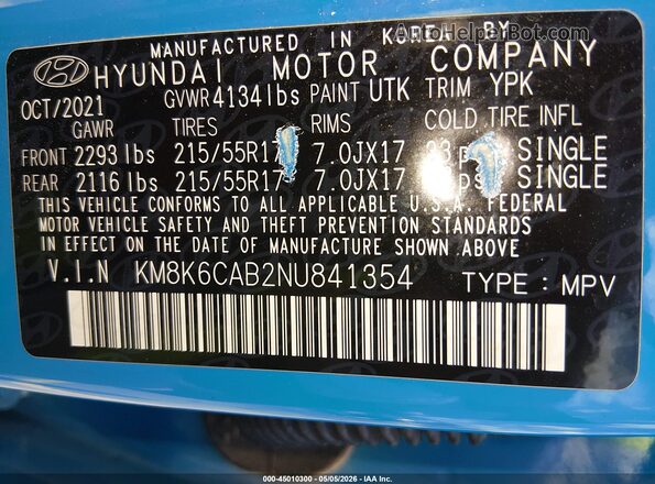KM8K6CAB2NU841354 2022 HYUNDAI KONA Blue Շարժիչի բաժամունքի տեսք