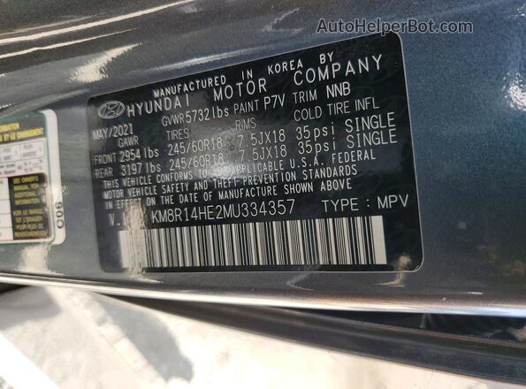 KM8R14HE2MU334357 2021 HYUNDAI PALISADE Gray Vista interior de 360 grados