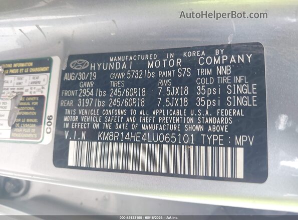 KM8R14HE4LU065101 2020 HYUNDAI PALISADE Silver ძრავის განყოფილების ხედი