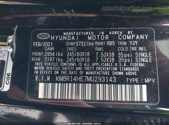 KM8R14HE7MU293143 2021 HYUNDAI PALISADE Black ძრავის განყოფილების ხედი