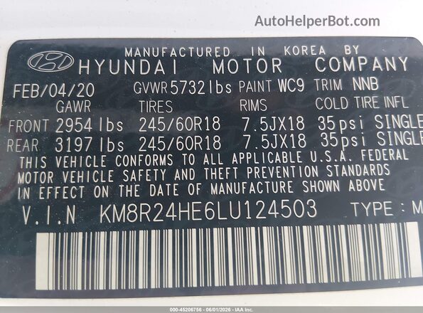 KM8R24HE6LU124503 2020 HYUNDAI PALISADE White Շարժիչի բաժամունքի տեսք