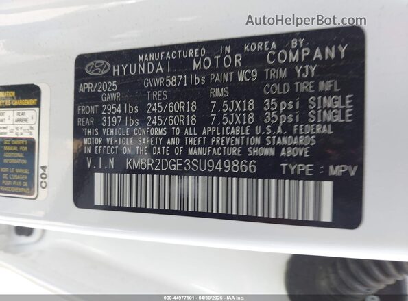 KM8R2DGE3SU949866 2025 HYUNDAI PALISADE White ძრავის განყოფილების ხედი