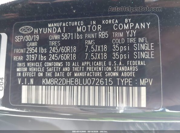 KM8R2DHE8LU072615 2020 HYUNDAI PALISADE Black Vista del compartimento del motor