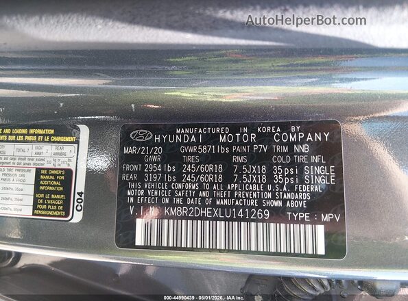 KM8R2DHEXLU141269 2020 HYUNDAI PALISADE Gray Widok komory silnika