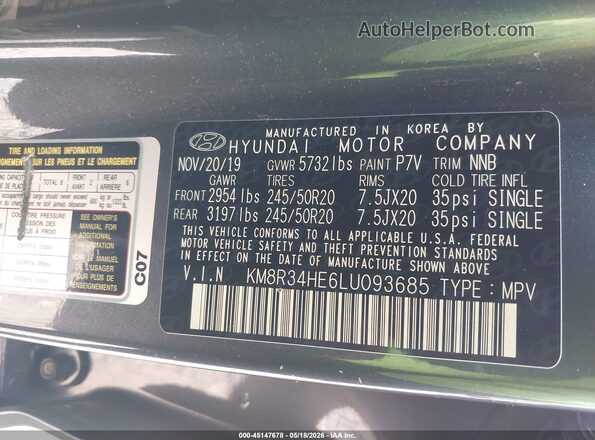 KM8R34HE6LU093685 2020 HYUNDAI PALISADE Gray Вид підкапотного простору