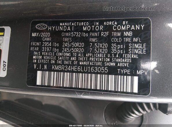 KM8R34HE6LU163055 2020 HYUNDAI PALISADE Gray Vista del compartimento del motor
