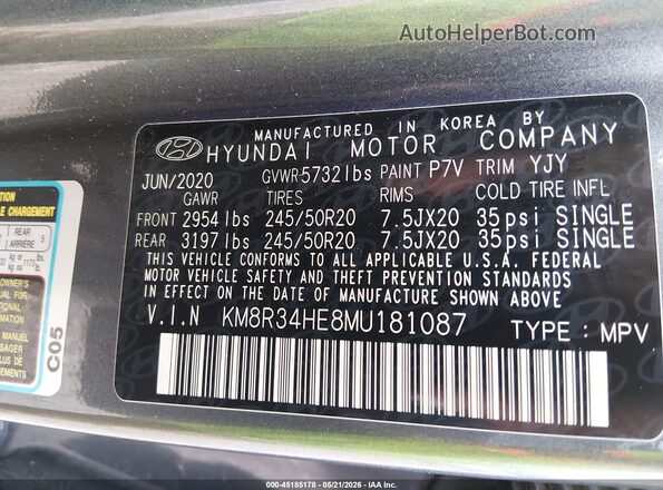 KM8R34HE8MU181087 2021 HYUNDAI PALISADE Gray Շարժիչի բաժամունքի տեսք