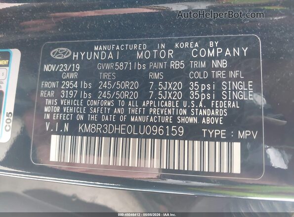 KM8R3DHE0LU096159 2020 HYUNDAI PALISADE Black 