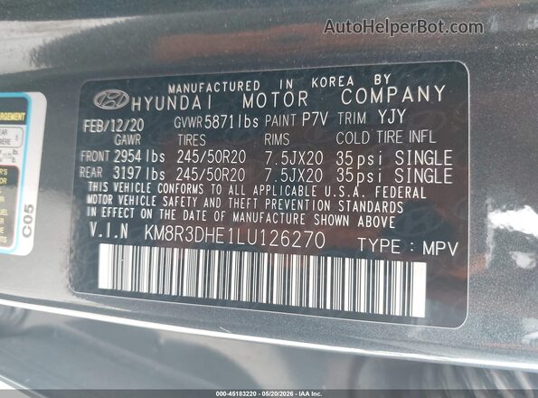 KM8R3DHE1LU126270 2020 HYUNDAI PALISADE Серый Вид подкапотного пространства