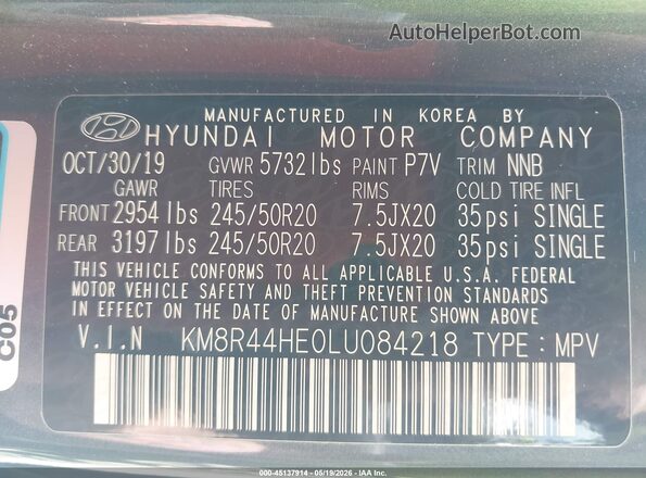 KM8R44HE0LU084218 2020 HYUNDAI PALISADE Gray ძრავის განყოფილების ხედი